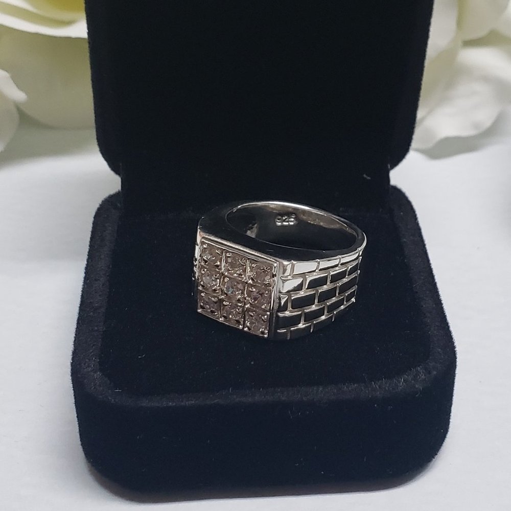 935 Silver Men Vintage Jewelry Wedding Ring Round Cubic Zircon